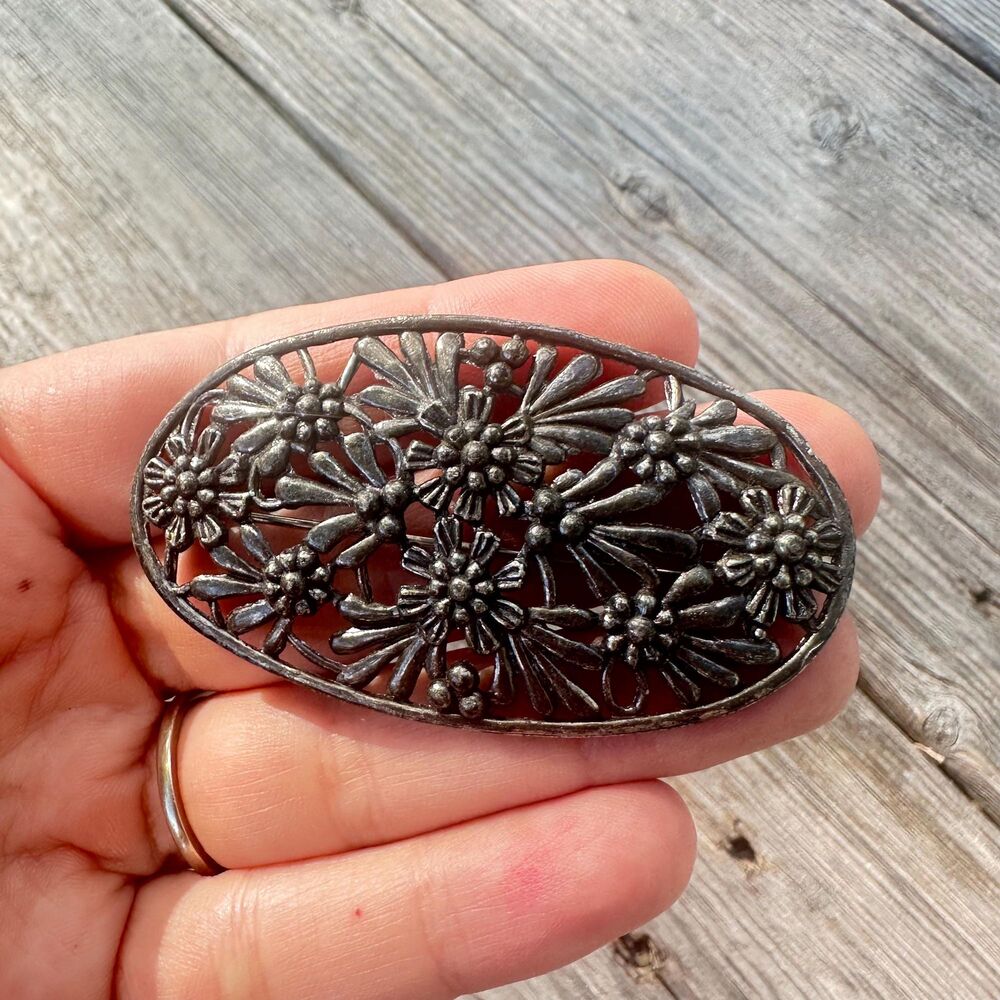 Vintage Art Nouveau Metal Flowers Sash Pin Brooch Silver Tone Oval Floral Brooch